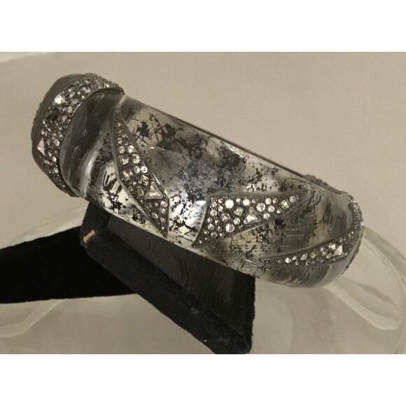 ALEXIS BITTAR Clear Lucite Black Splatter Origami Crystal Inlay Bracelet RARE - Picture 8 of 10